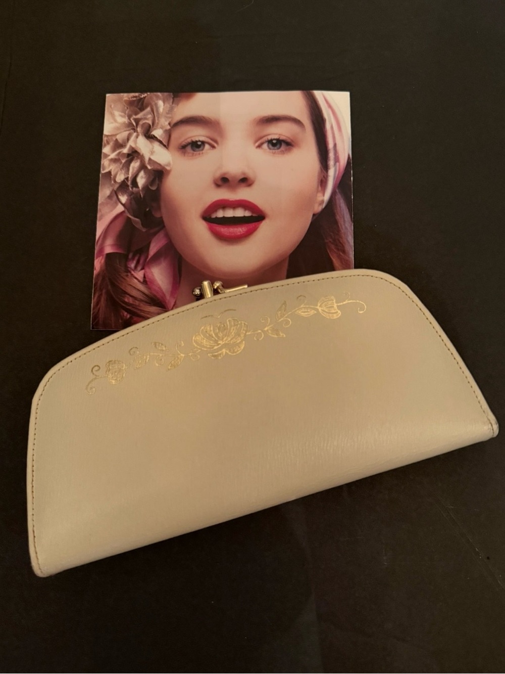 Buxton Cream Wristlet Clutch with Gold Floral Detail